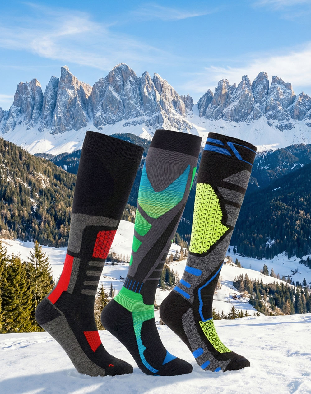 Calze tecniche Beneduci per sport invernali con sfondo di montagne innevate